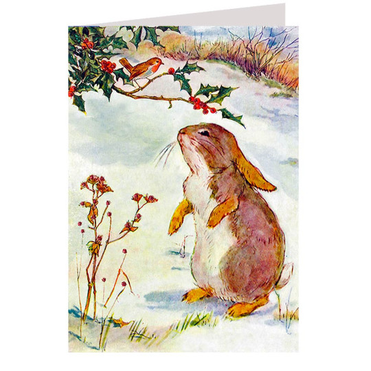 Glittered Bunny and Robin Christmas Card ~ England
